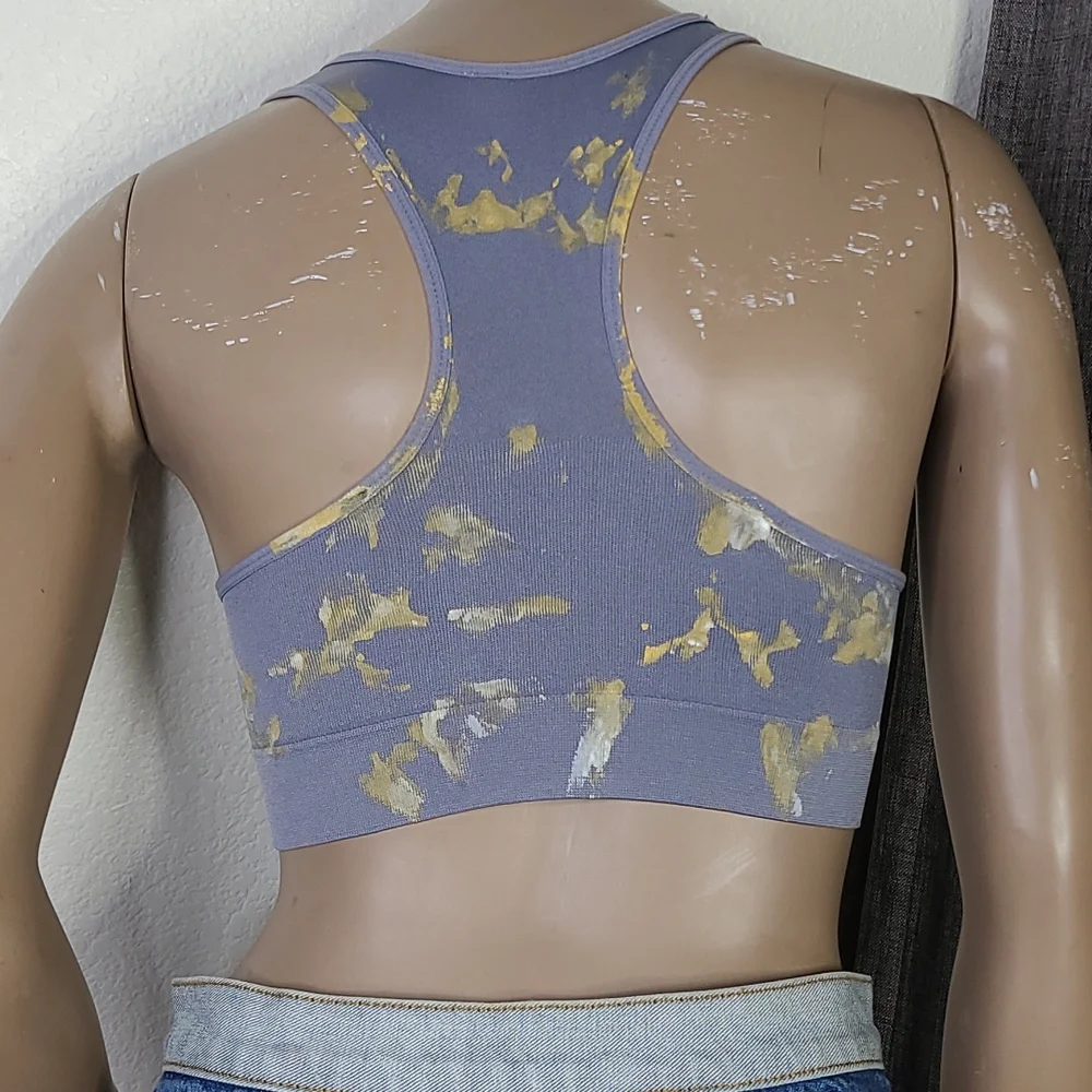 Sports Bra Racerback Gray Yellow Hand Painted One Size Yoga Pilates Gym Workout - Picture 3 of 4